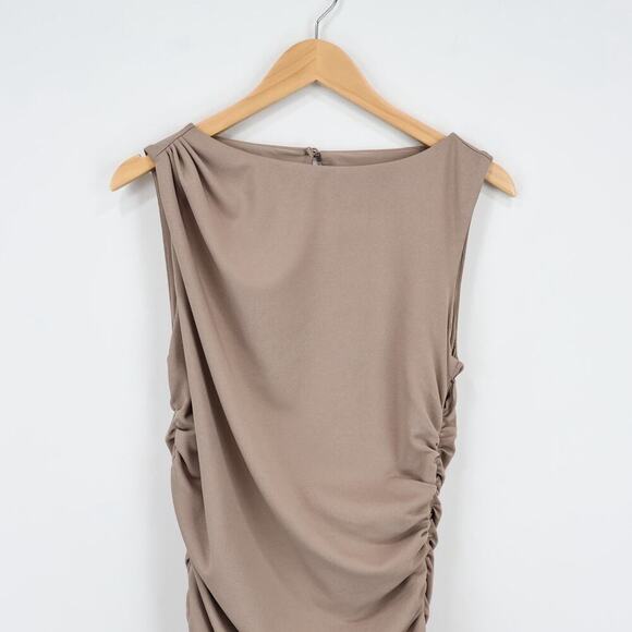 Abercrombie & Fitch Stretch Side Cinch Ruched Taupe Mini Dress Size Large Tall - Picture 3 of 7
